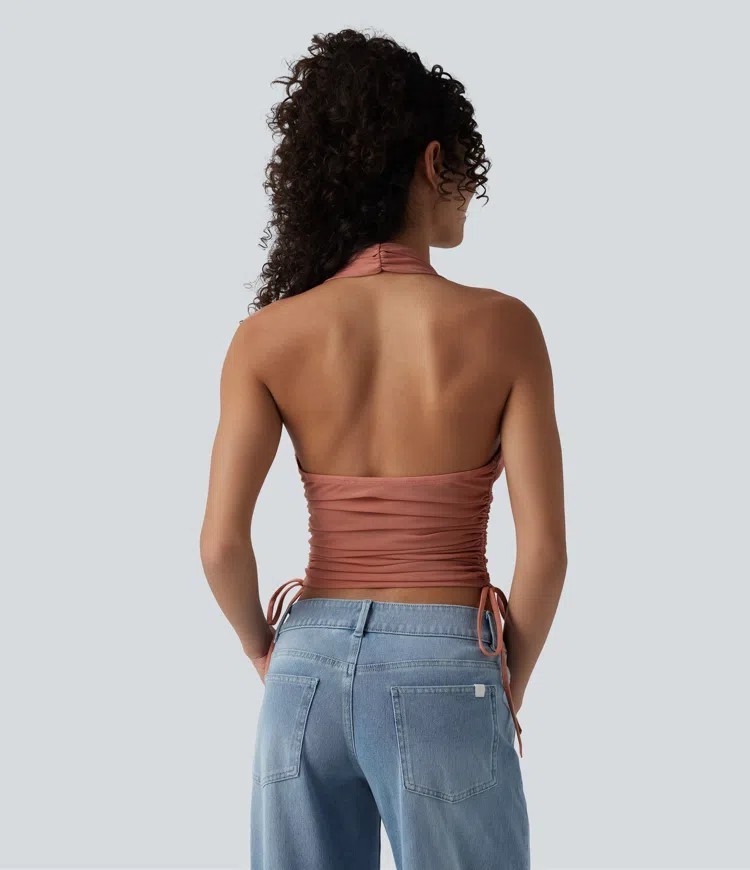 Halara Deep V Neck Halter Ruched Drawstring Casual Boho U2k Org $59 Sz Med