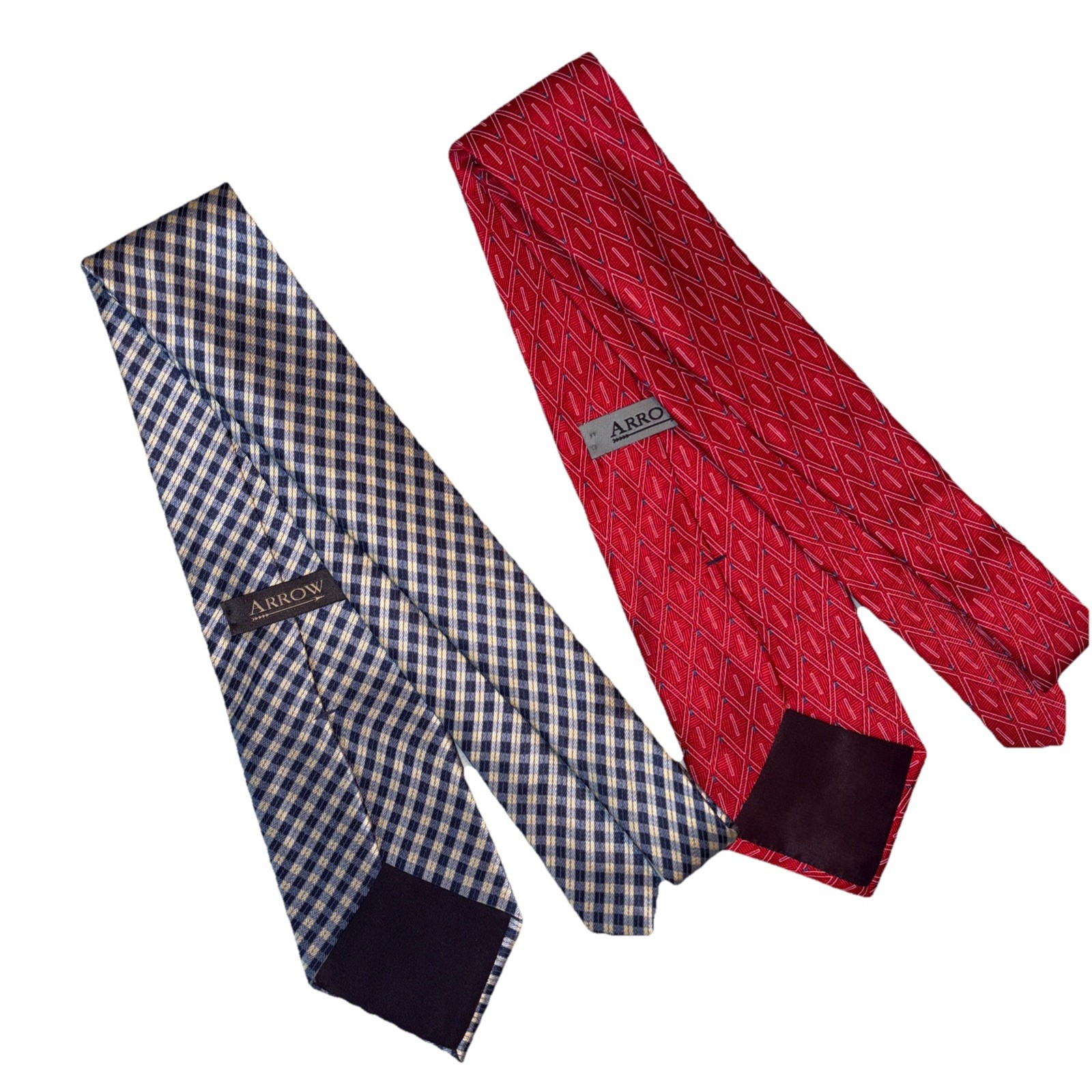 Arrow Mens Silk Ties Navy/yellow Striped Check & Red/white Geo Diamond Lot Of 2