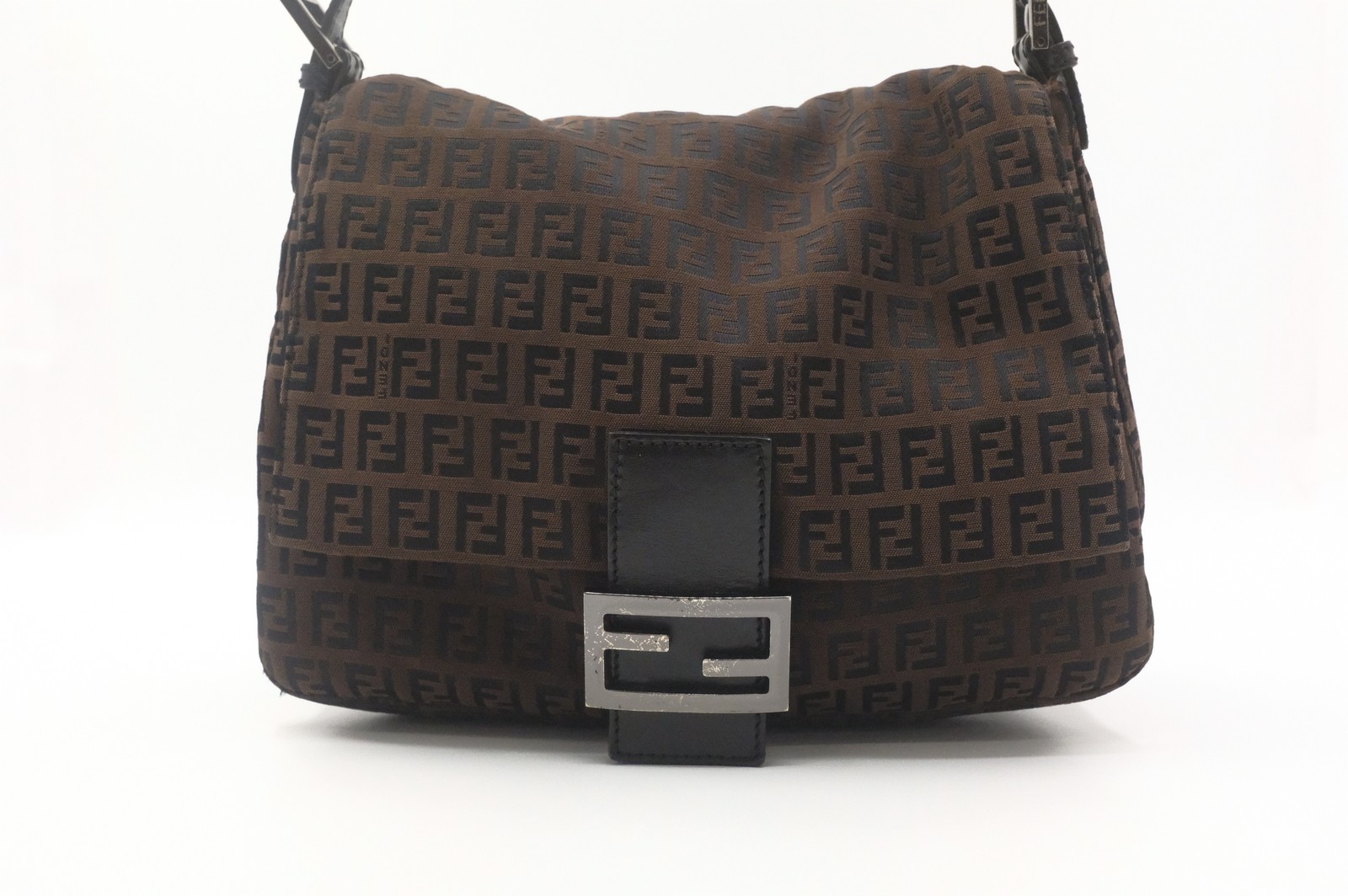 Authentic Fendi Zucchino Mamma Baguette Shoulder Bag 8BR001