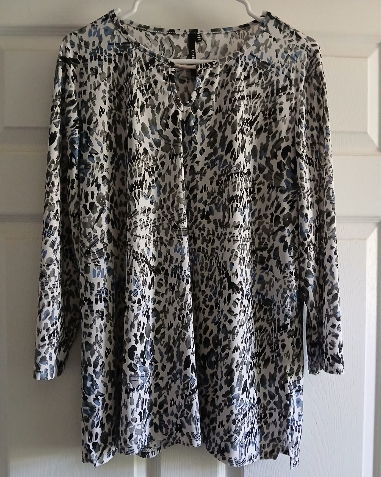 Cathy Daniel’s Shimmering 3/4 Sleeve Multi Color Blouse XL Blue Black Gray White
