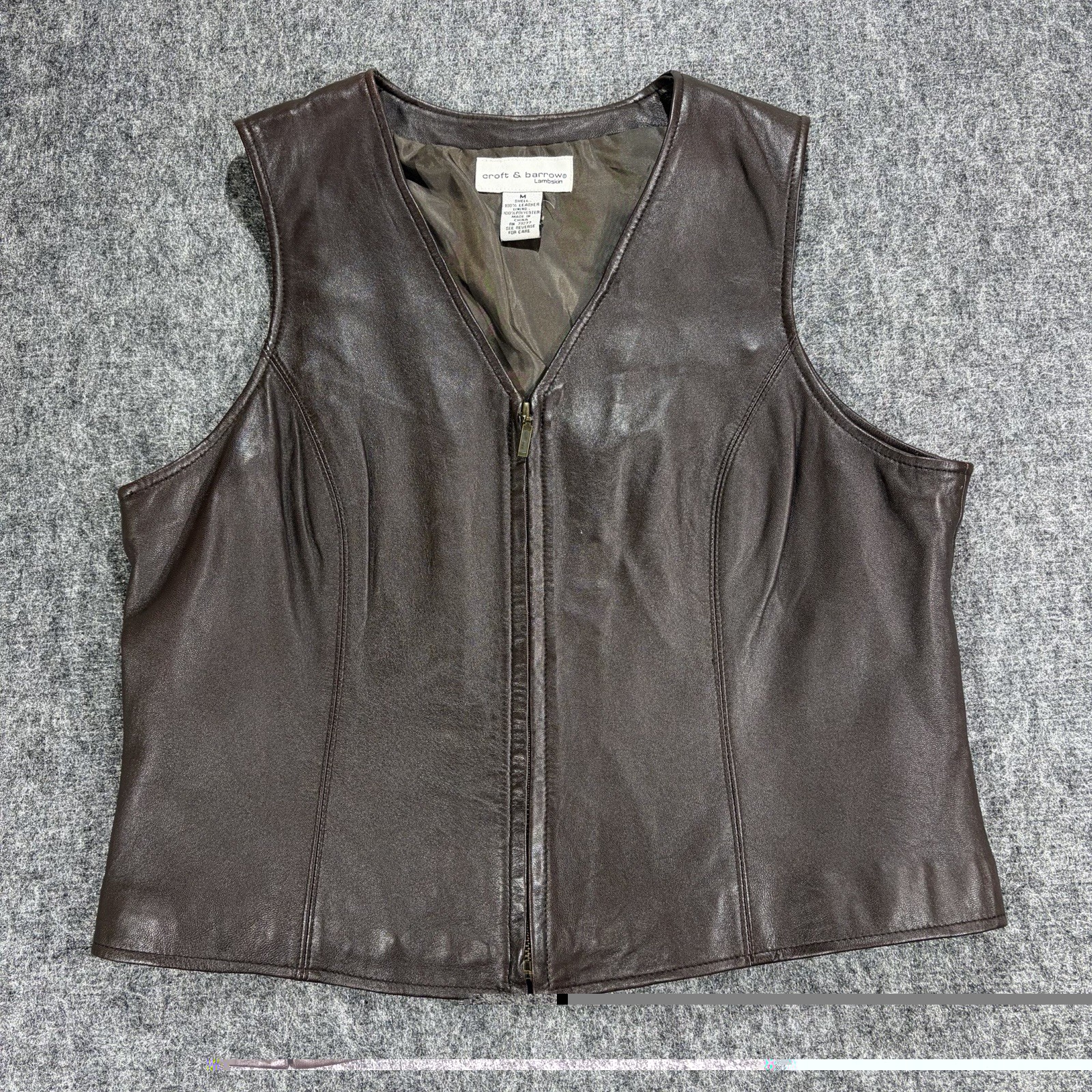 Croft and Barrow Womens Genuine Lambskin Leather Vest Brown Zip Front Size M