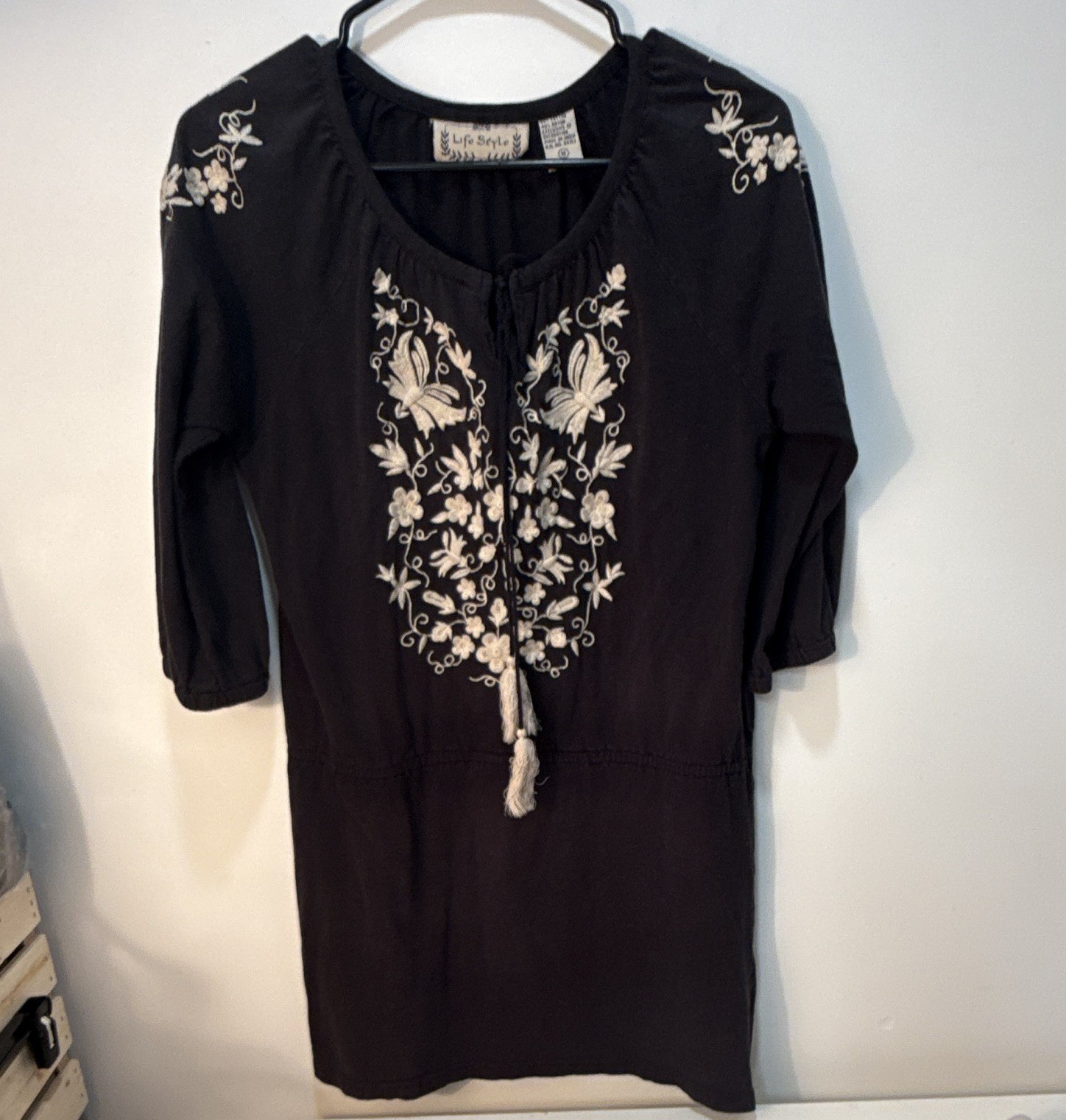 Life Style Black/White Floral Embroidered Tassel Round Neck Jumpsuit M
