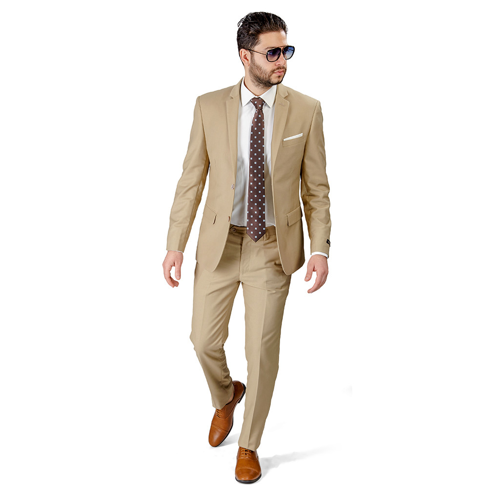 Tan Beige Slim Fit Men Suit 2 Button Notch Lapel Azar Man Vest Optional 4030-10