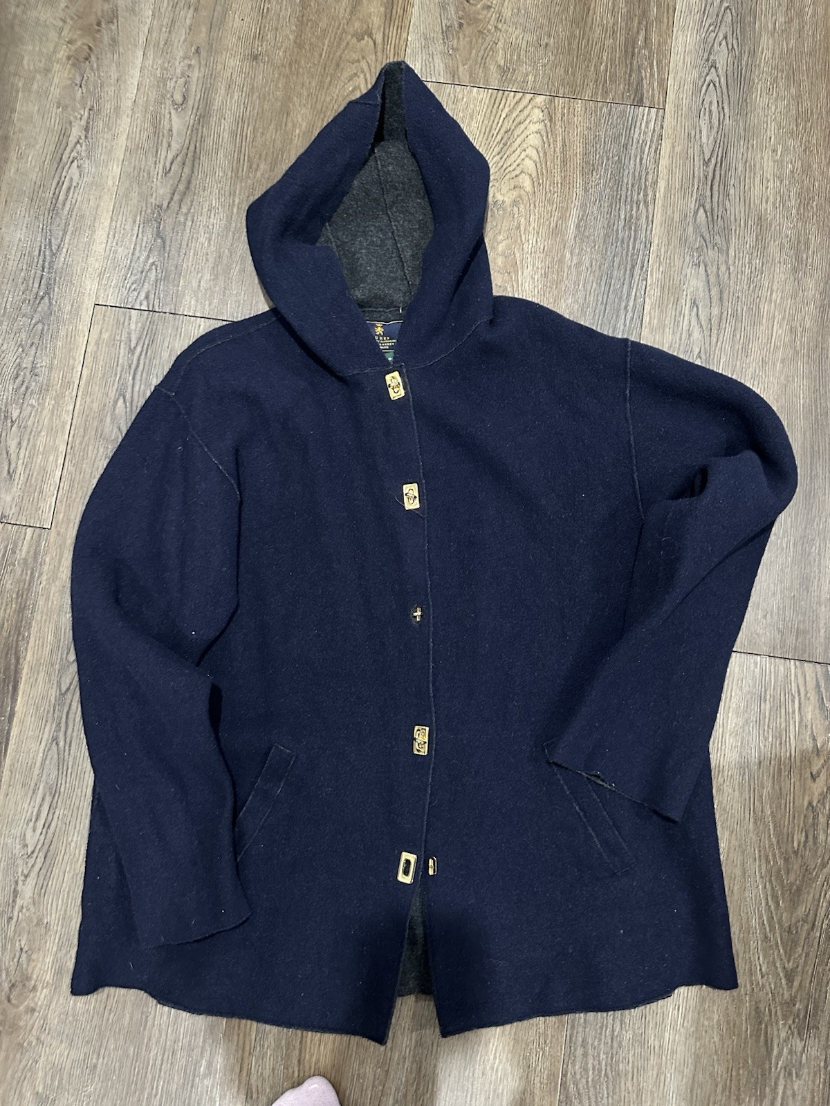 Vintage Lauren Ralph Lauren Wool Coat Women Medium Navy Hooded Toggle Turn Lock