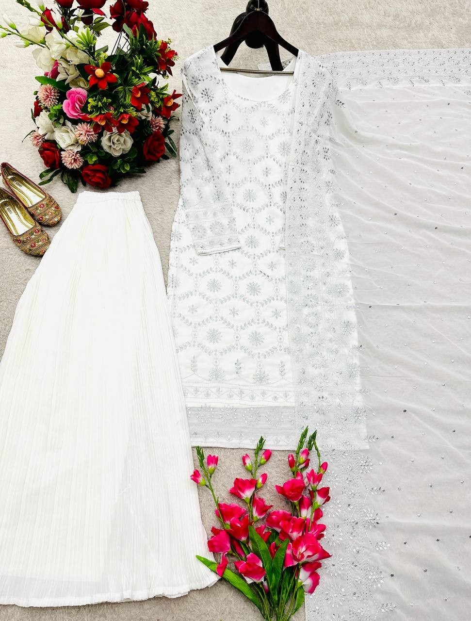 Unique Designer White Faux Georgette Kurta Palazzo With Dupatta For Women