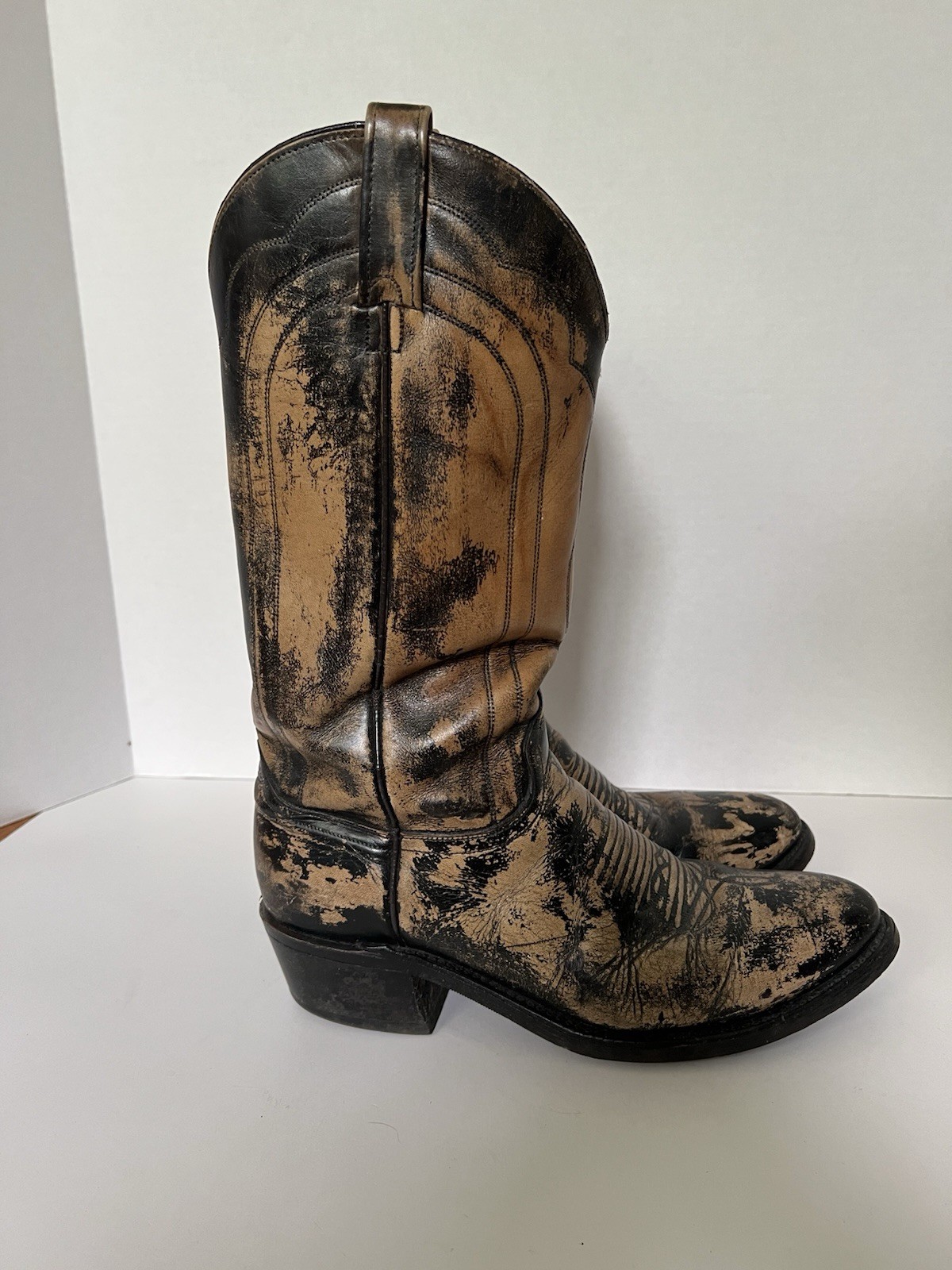 J Chisholm Distressed Tan Black Western Leather Cowboy Boots USA Mens 9D