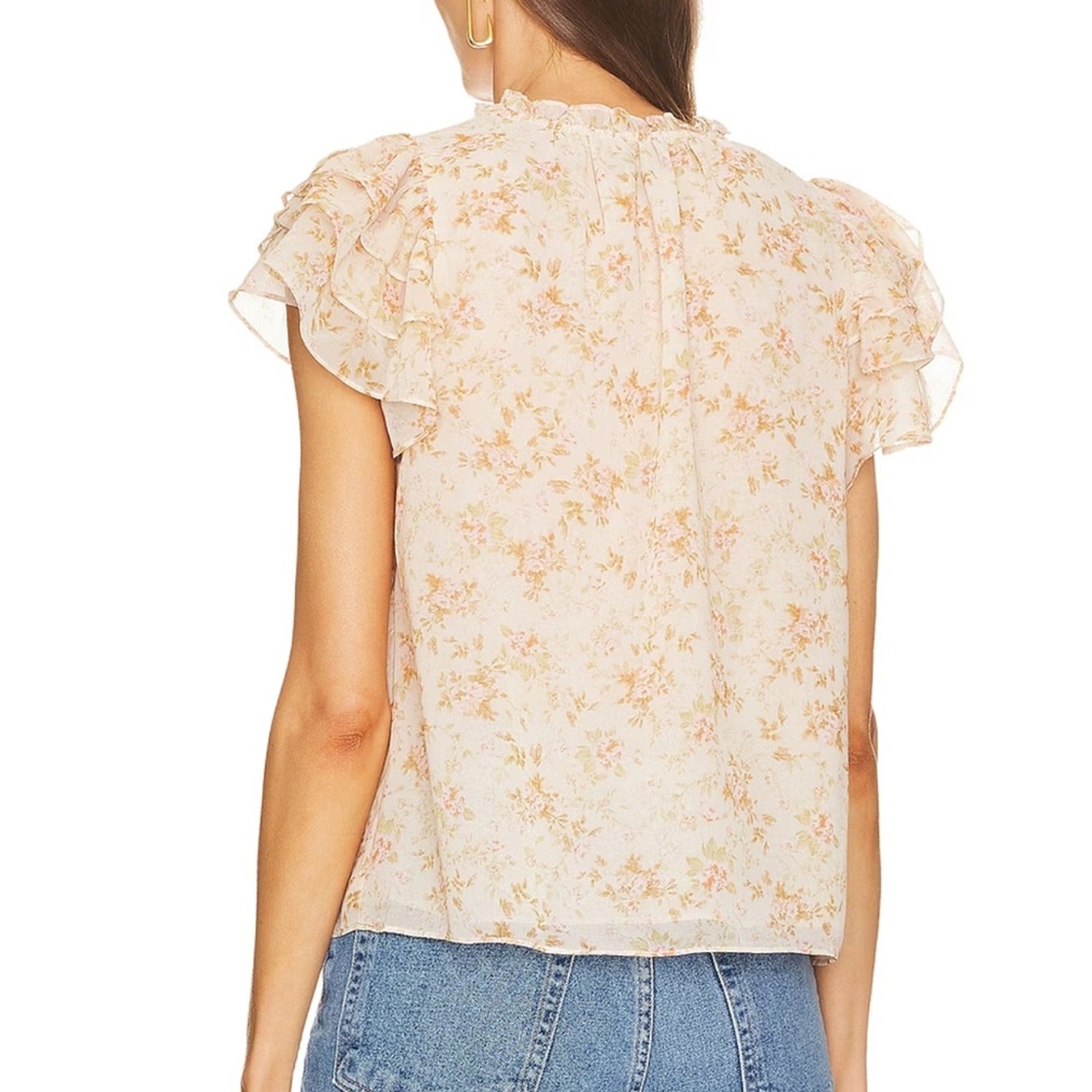1 STATE Pink Flutter Sleeve Tie Neck Blouse Chiffon Ruffle Top Women’s Small
