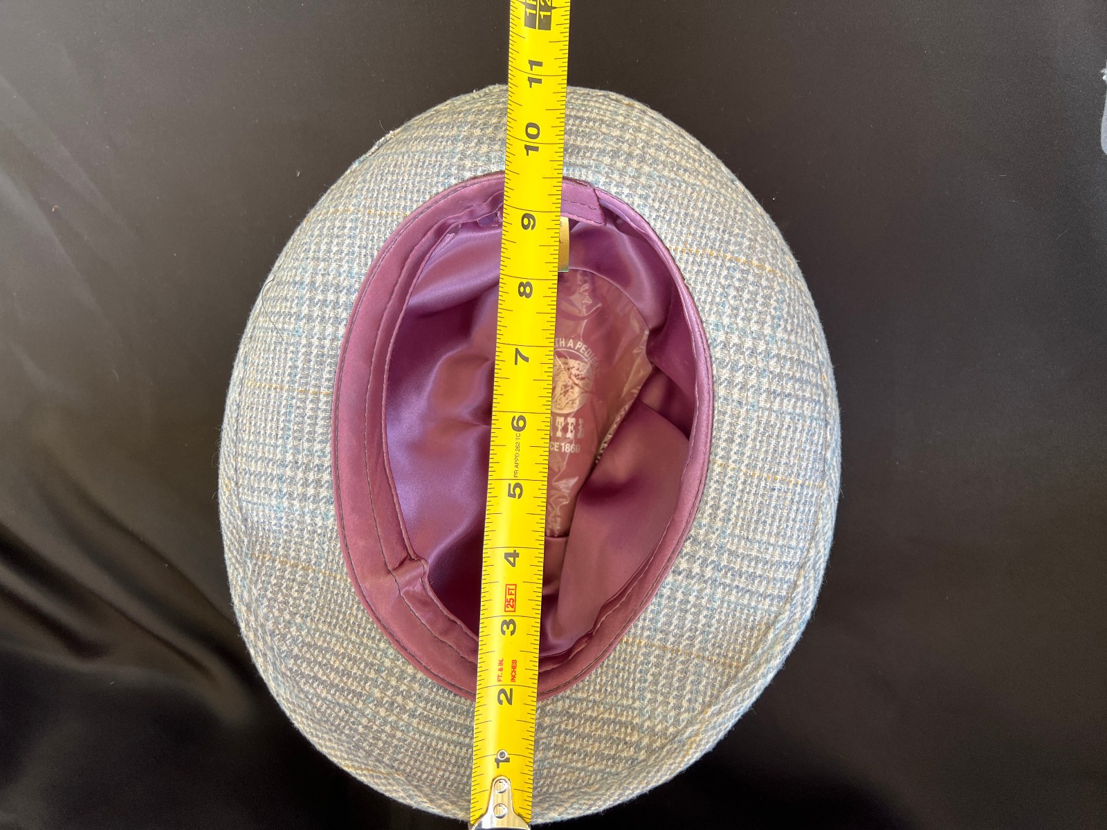 Vintage Fedora Men’s Medium Artel Wool Ivory Gray Blue Plaid Hat w/ Feathers