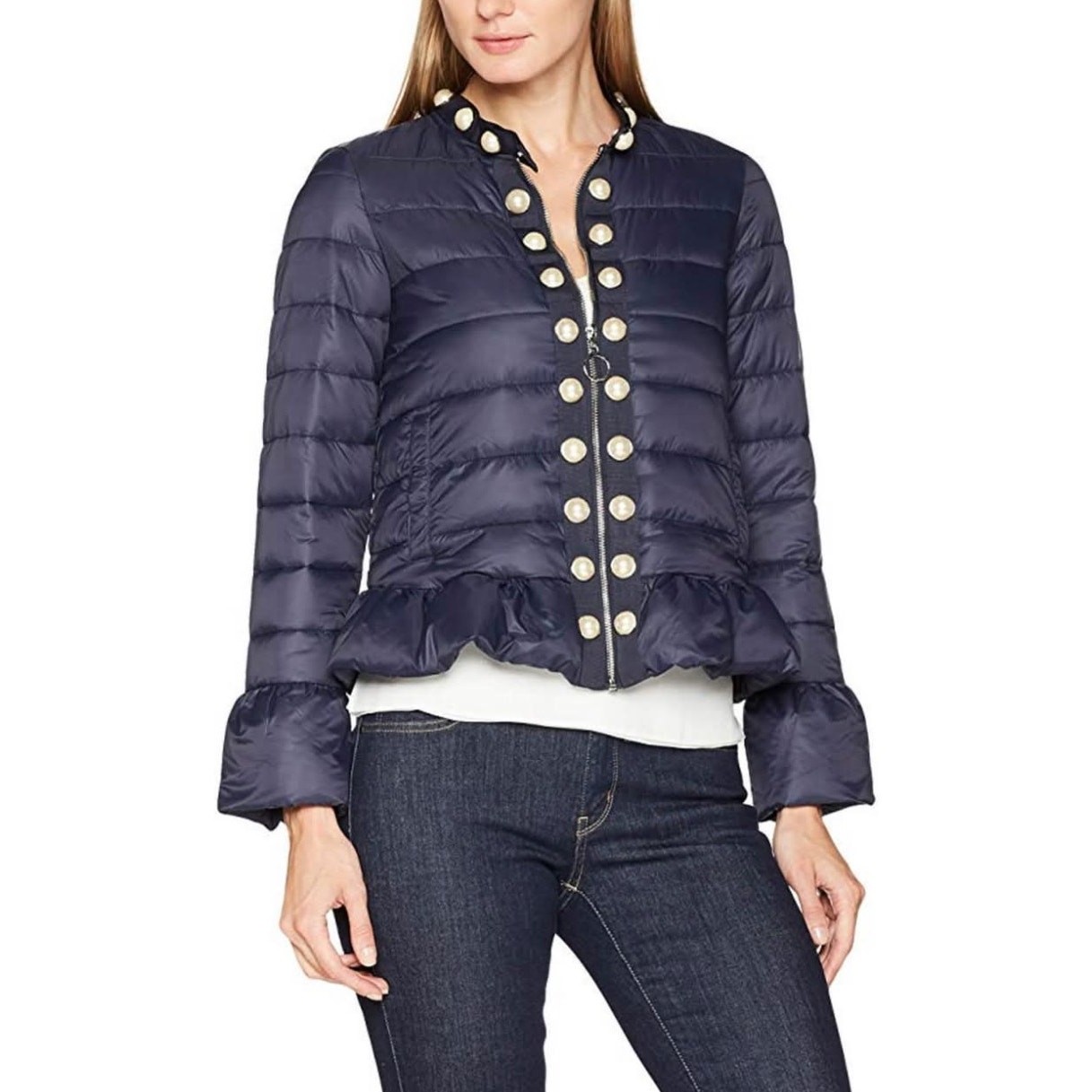 Twinset Simona Barbieri Pearled Trim Ruffle Quilted Puffer Jacket Navy 44 46 M L