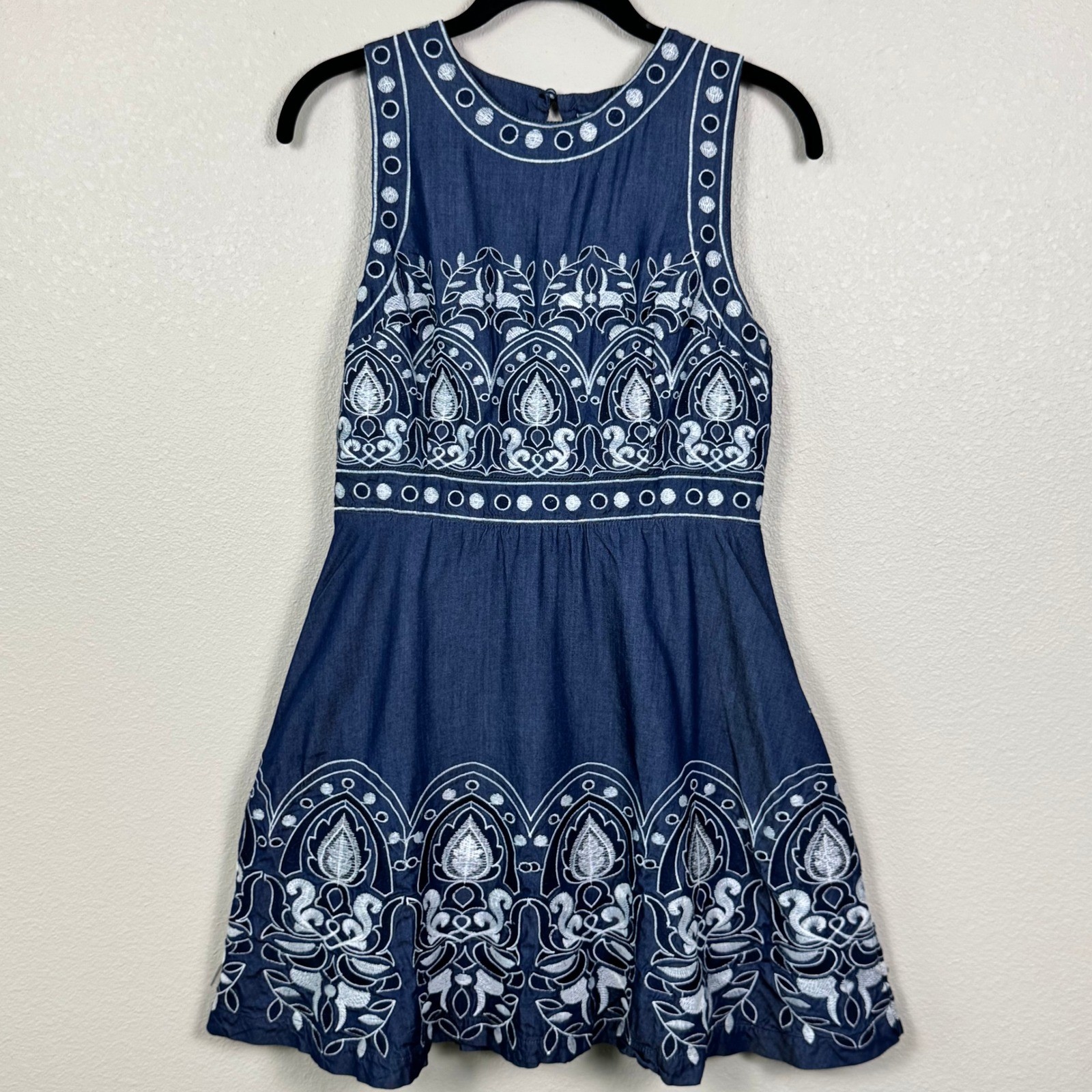 J.O.A Embroidered Denim Dress Open Back Boho Fit Flare Mini S