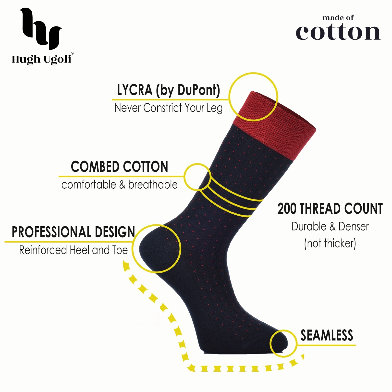 Hugh Ugoli 6 Pairs Men’s Dress Socks Cotton / Seamless Toe, 6 Pairs, Size: 7-12