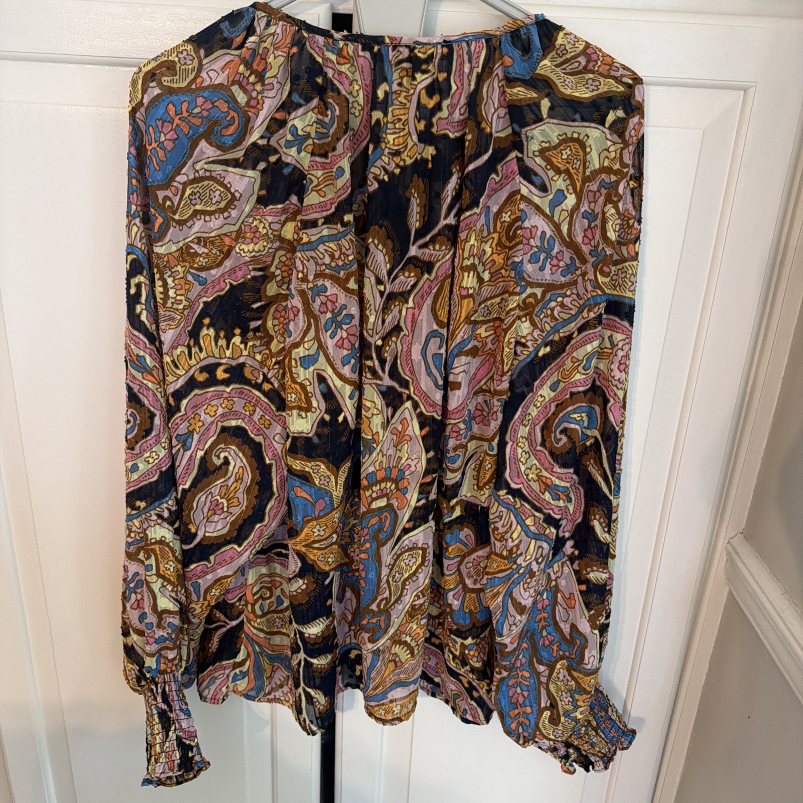 SANCTUARY Mixed Paisley Blouse Sz 1X Multicolor Peasant Sleeve Metallic