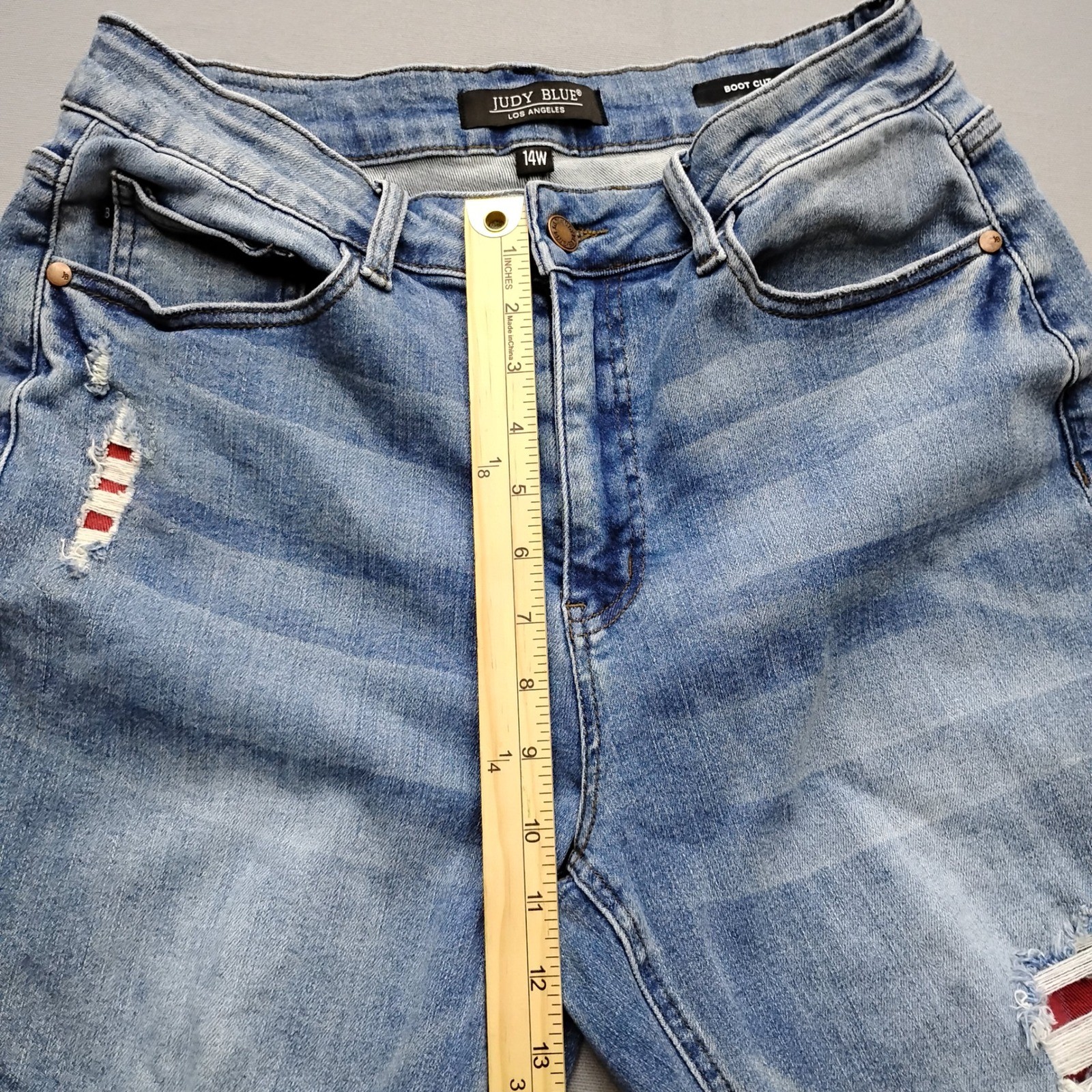 Judy Blue 14W Bootcut Jeans Distressed Plaid Patch Medium Wash JB88696 Womens