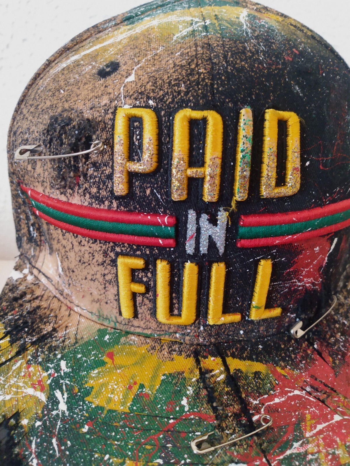 Top Level Paid In Full Distressed Pins Paint Splatter Snap Back Hat Cap