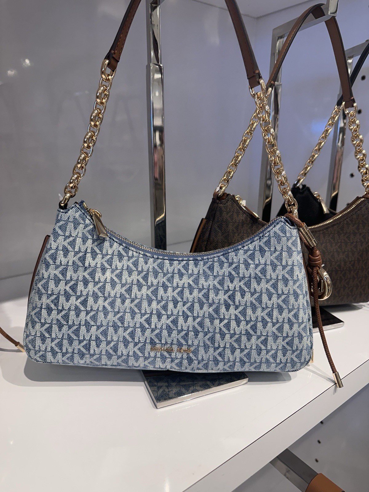 Michael Kors NWT Nolita Medium Signature Logo Print Denim Chain Pochette