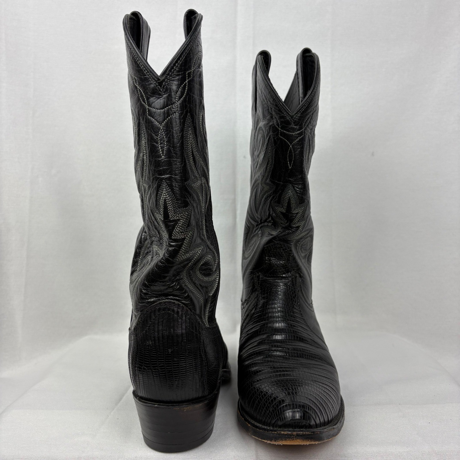 Vintage Dan Post Cowboy Boots Teju Lizard Size 8EW Black Exotic 350J Pointed Toe