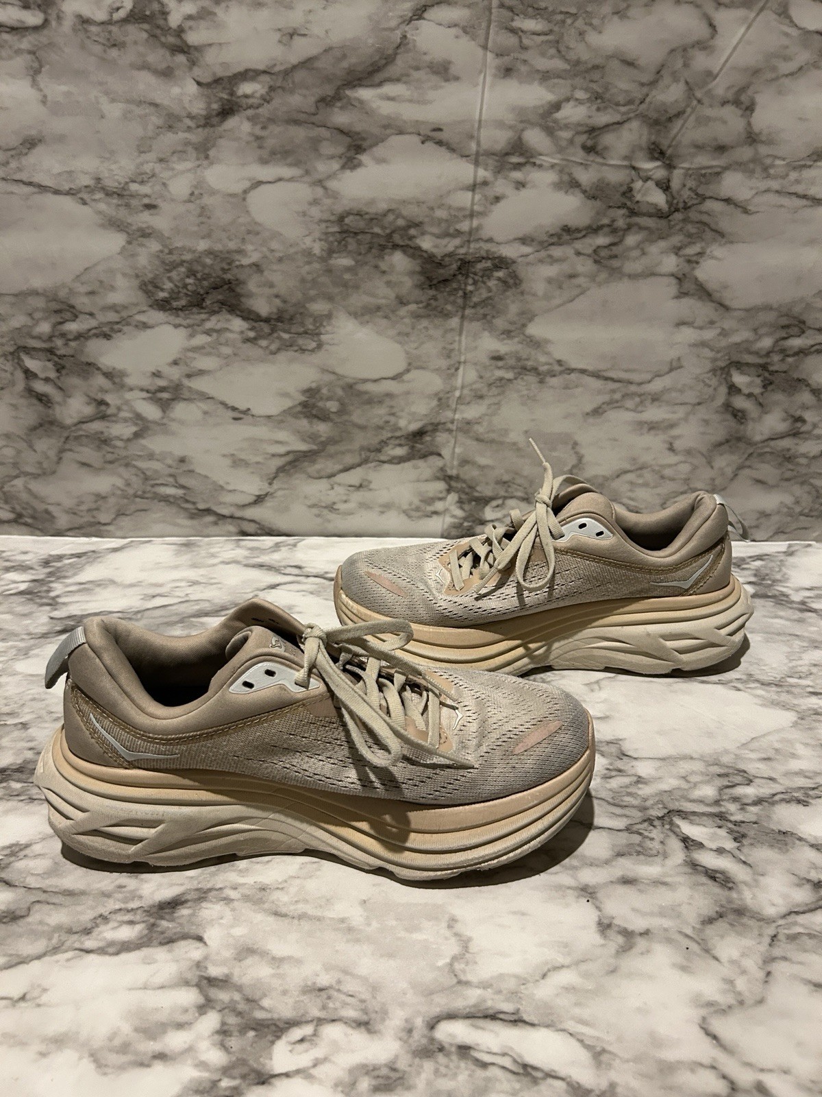 Hoka Bondi 8 Shoes Womens 7 B Off White Shifting Sand Running Walking Gym