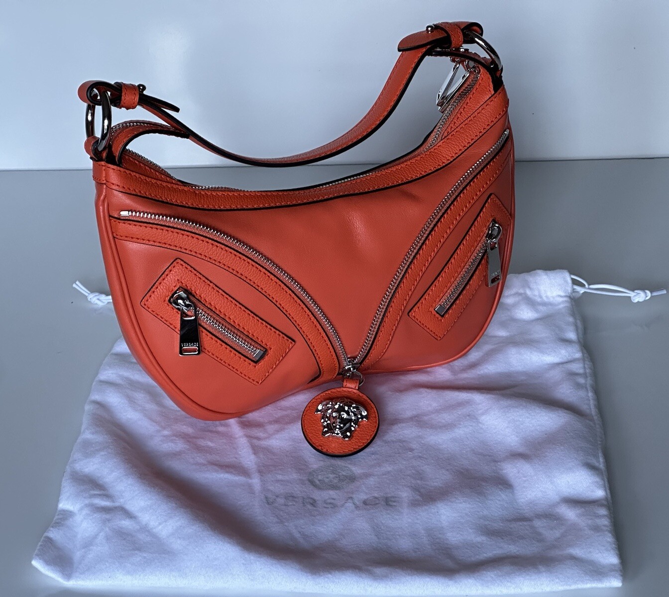 NWT $1925 Versace Silver Medusa Head Calf Leather Small Orange Hobo Bag 1007680