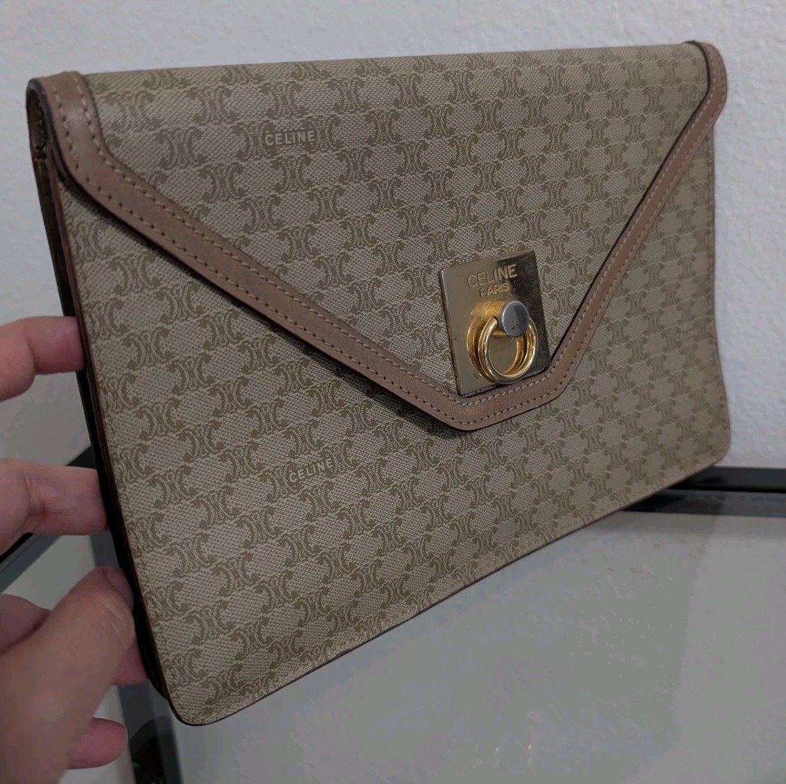 Auth Vintage CELINE Macadam Triomphe Blason Clutch Bag Beige