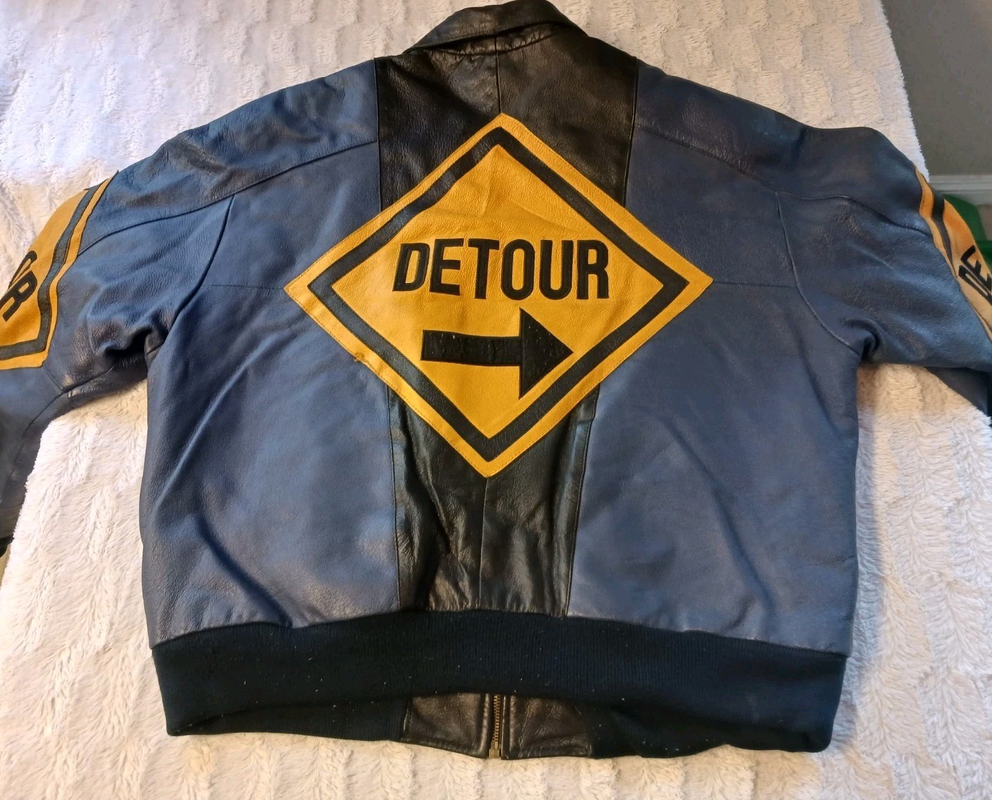 Vintage Phase 2 Detour Road Work Sign Leather Jacket Men’s XL 1980s Black/Blue