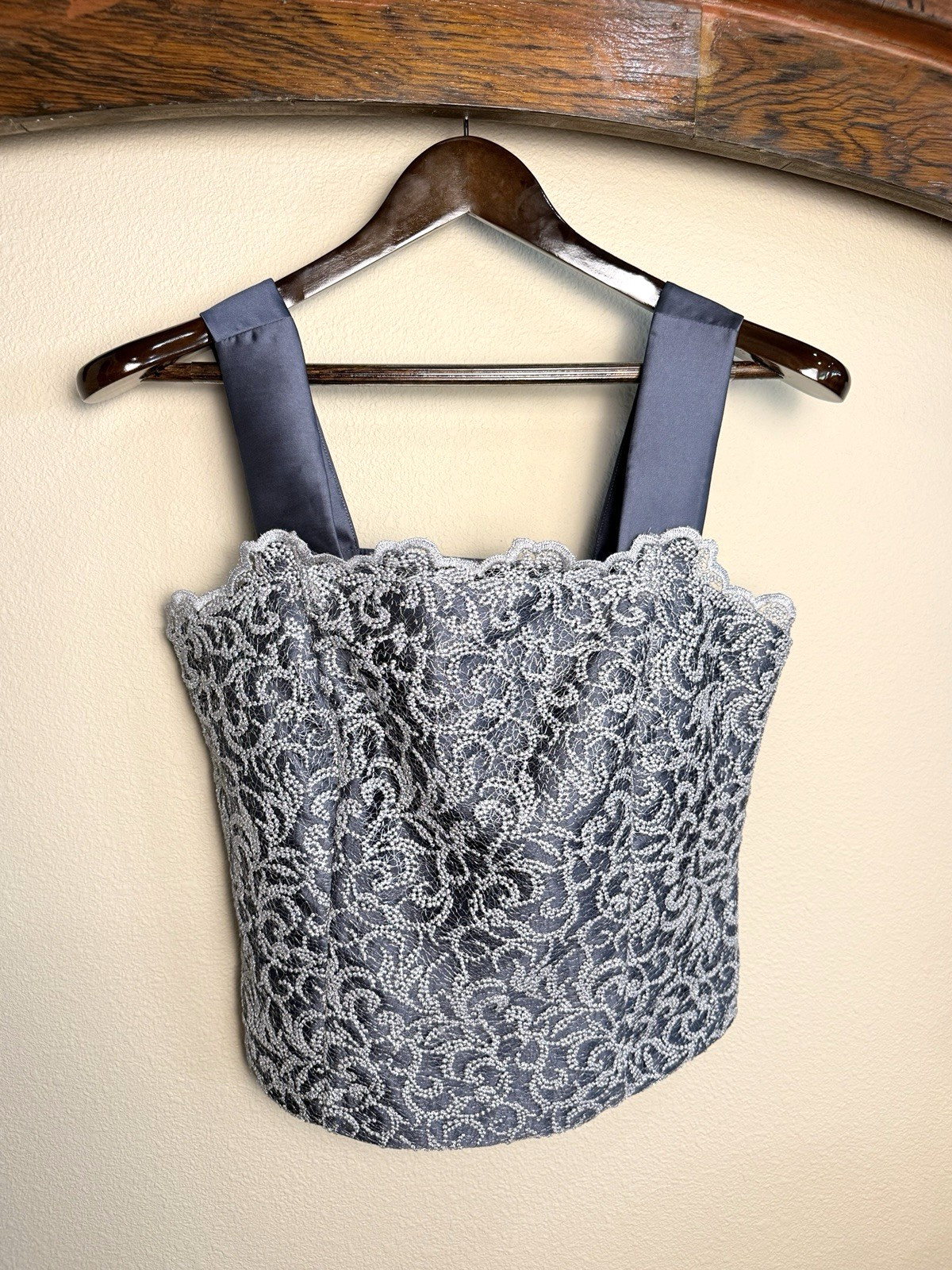 MADELEINE Lace Corset Crop Top Womens 40 Blue Silver Bustier Side Zip NWT