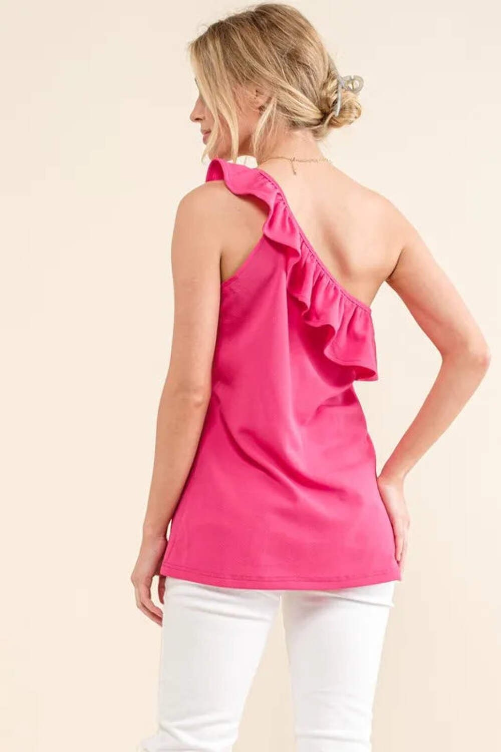 And The Why Hot Pink Ruffle One Shoulder Sleeveless Tank Top