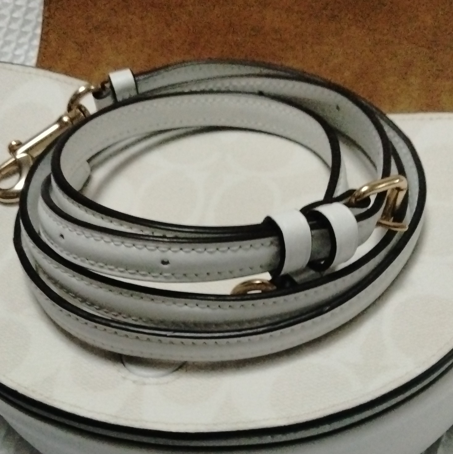 Coach White Monogram Semi-Circle Small Crossbody, Zip/Snap, Adj Strap Gold