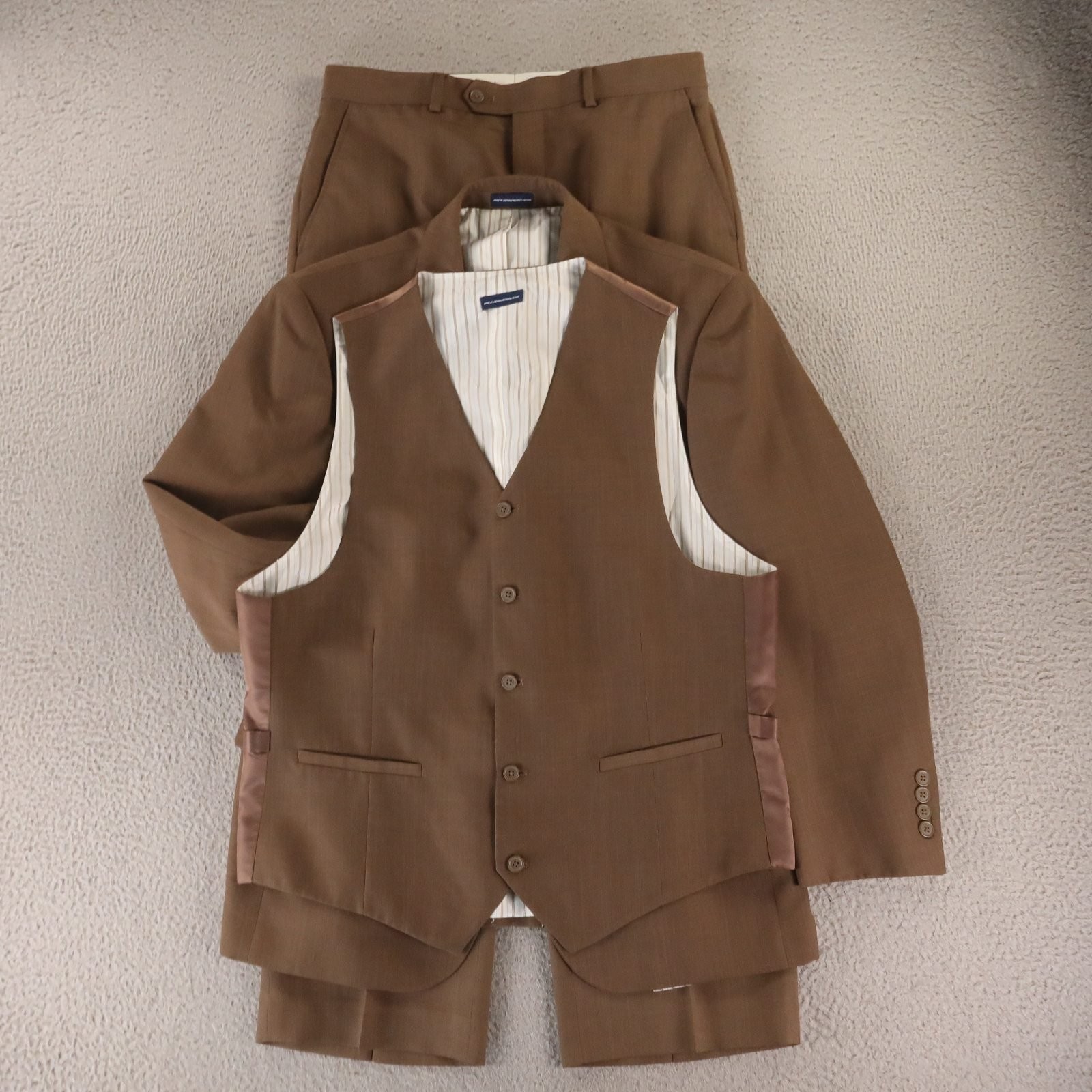 Stafford 3 Piece Suit 40S M 34×30 Brown Polyester 3 Piece Jacket Vest Pants