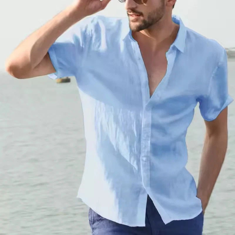 Men’s Summer Linen Short Sleeve Shirt Casual Solid Button-Down