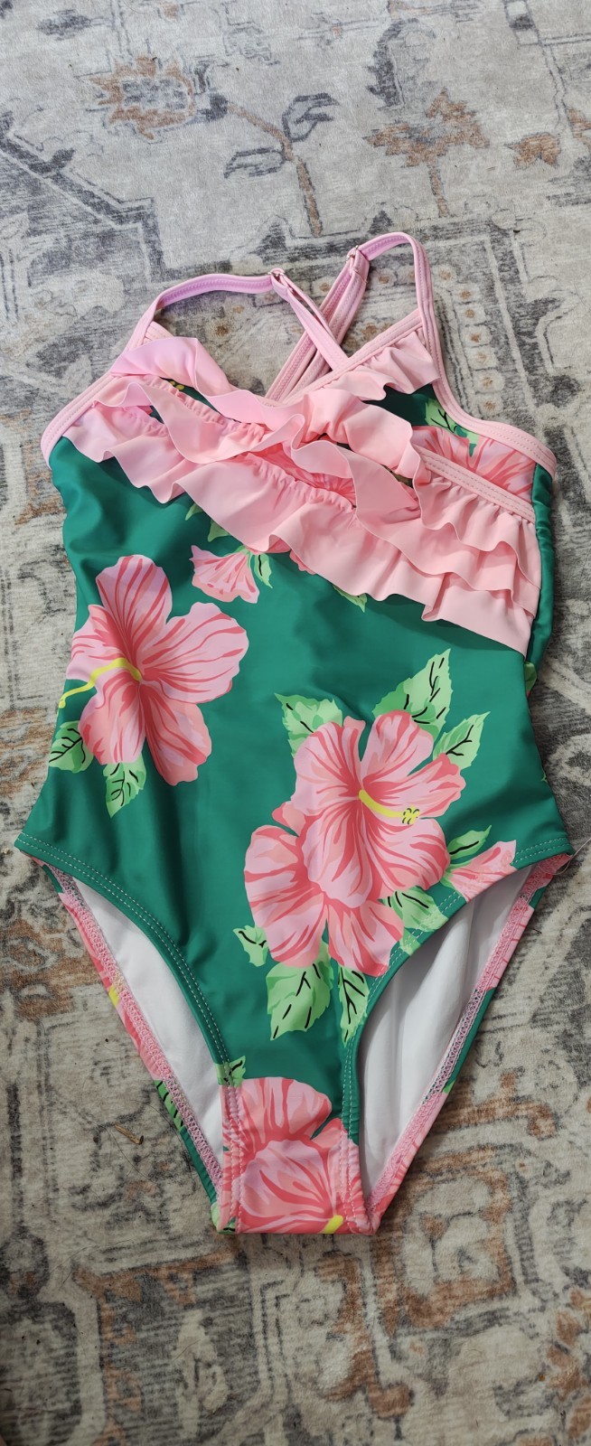 Girls Green Pink Floral One Piece Swimsuit Polyamide Elasthane Size S