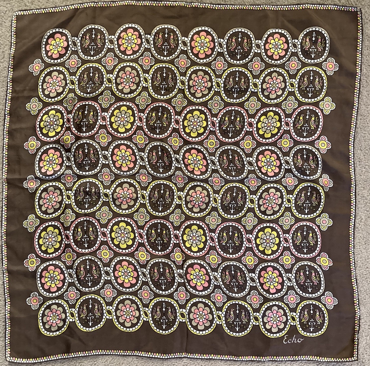 VTG ECHO Silk Scarf Flower & Bird Design Retro Brown/Yellow/Pink 27” Sq
