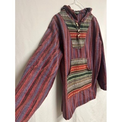 Kathmandu Imports Large Striped Baja Hoodie Woven Cotton Toggle Pullover