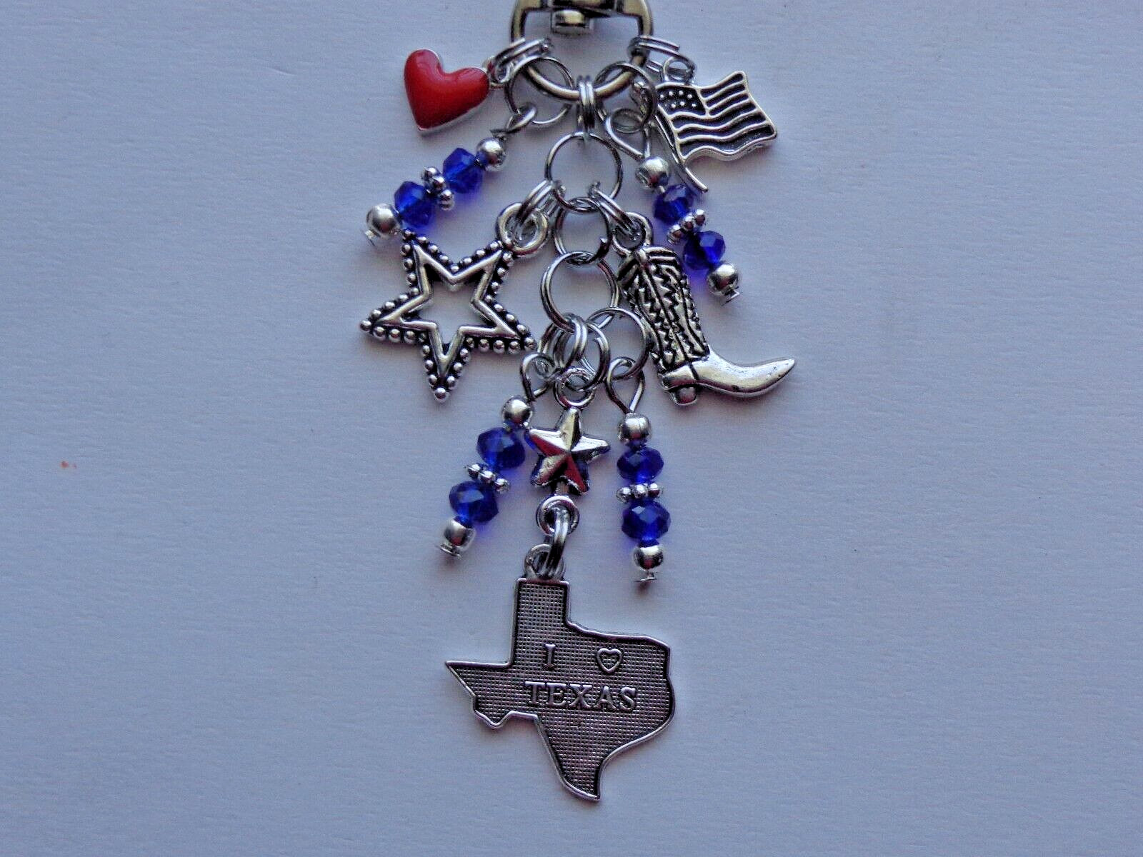 STATE OF TEXAS STAR BOOT USA FLAG HEART CRYSTAL BEADS KEYCHAIN PURSE CLIP FOB