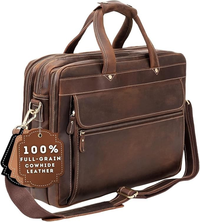Luxorro Full-Grain Leather Laptop Bag Briefcase; 15.6-inch, Dk Brown: Brand New