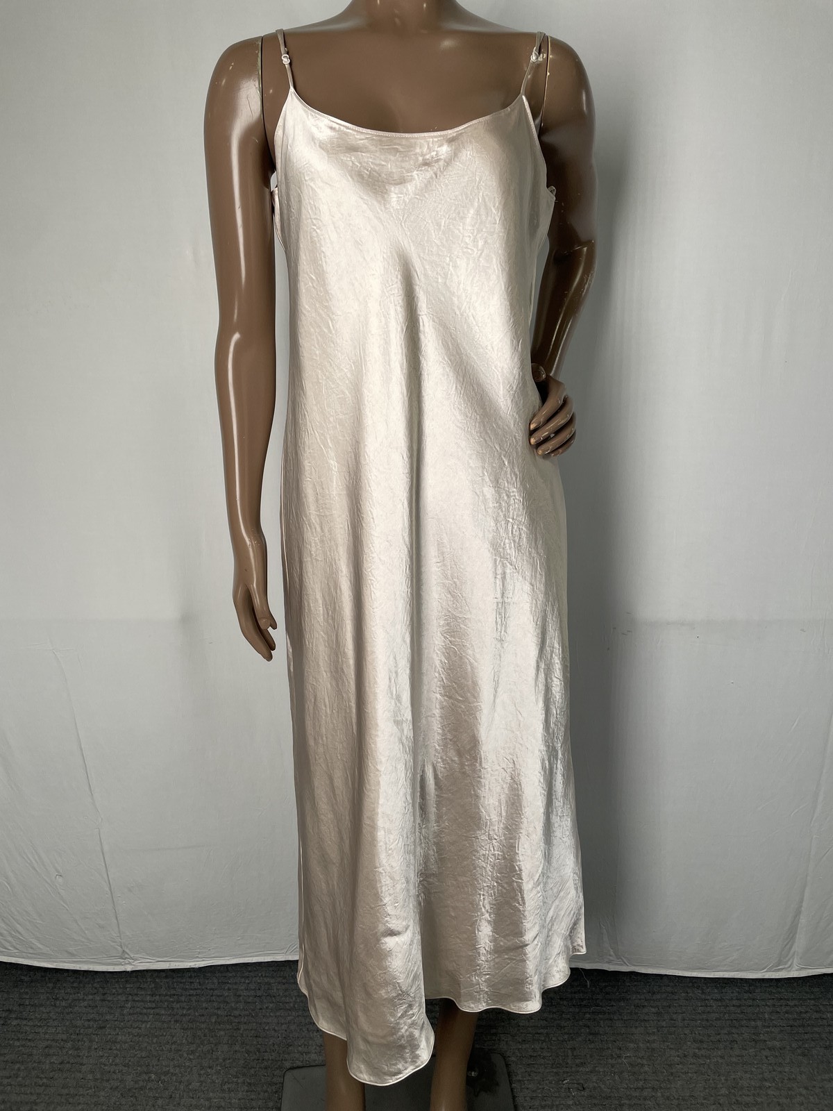 Vince Womens Midi Slip Dress Champagne Size L Japanese Satin Strap Sleeve Lined
