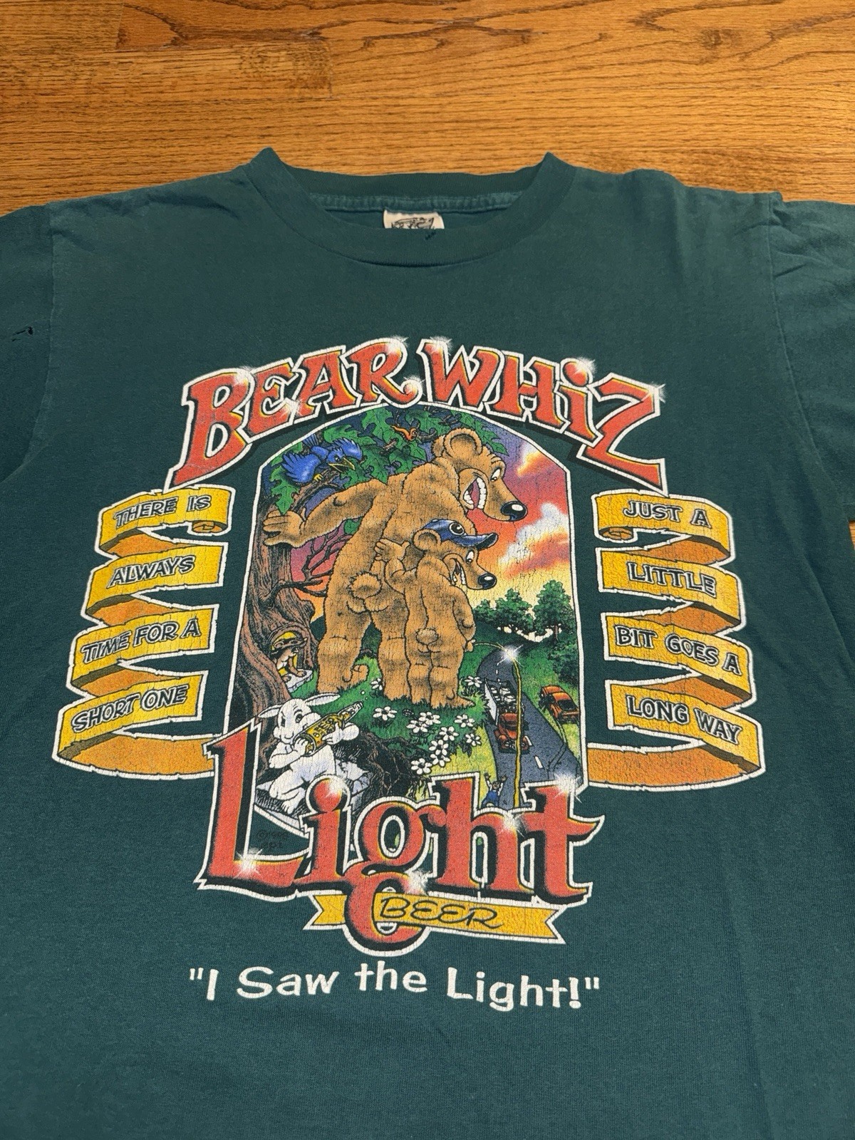 Vintage 80’s Single Stitch Bear Whiz Beer Humor Promo Green T Shirt Size M