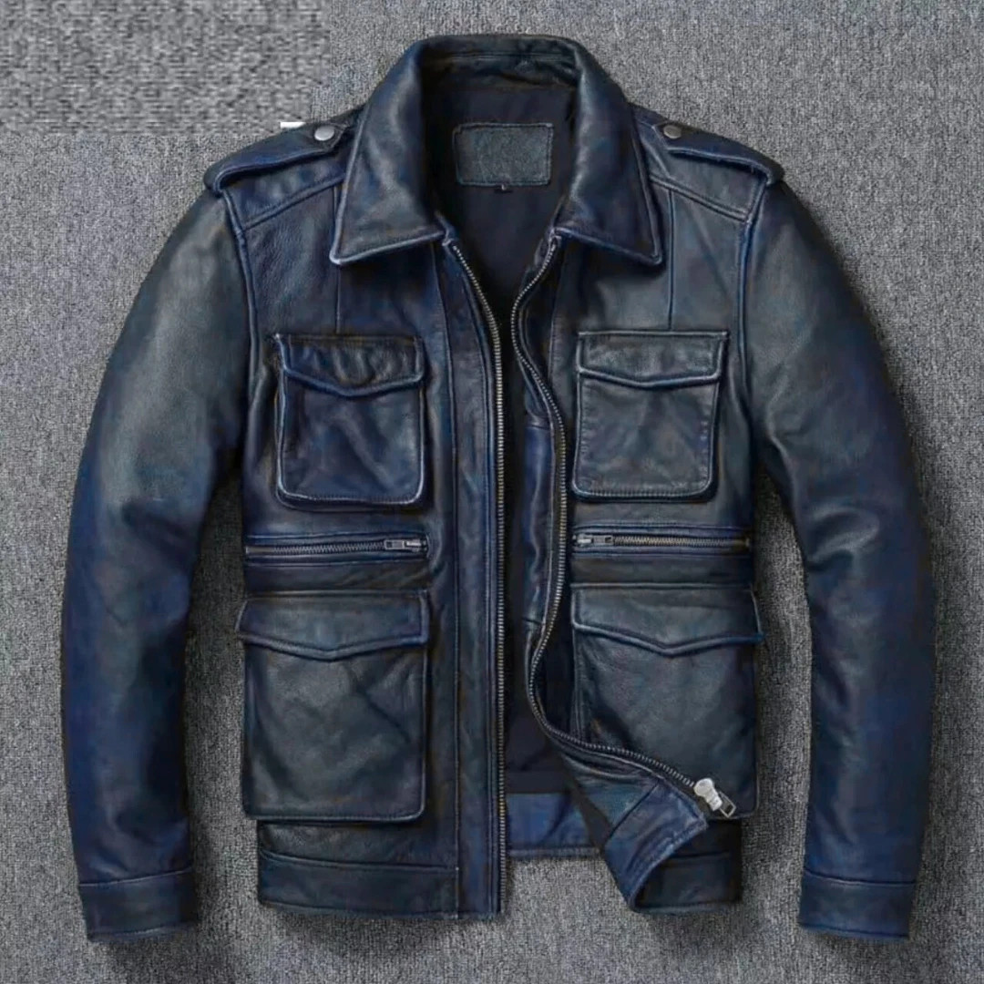 Handmade Men’s Distressed Blue Vintage Leather Lambskin, Sheepskin Biker Jacket