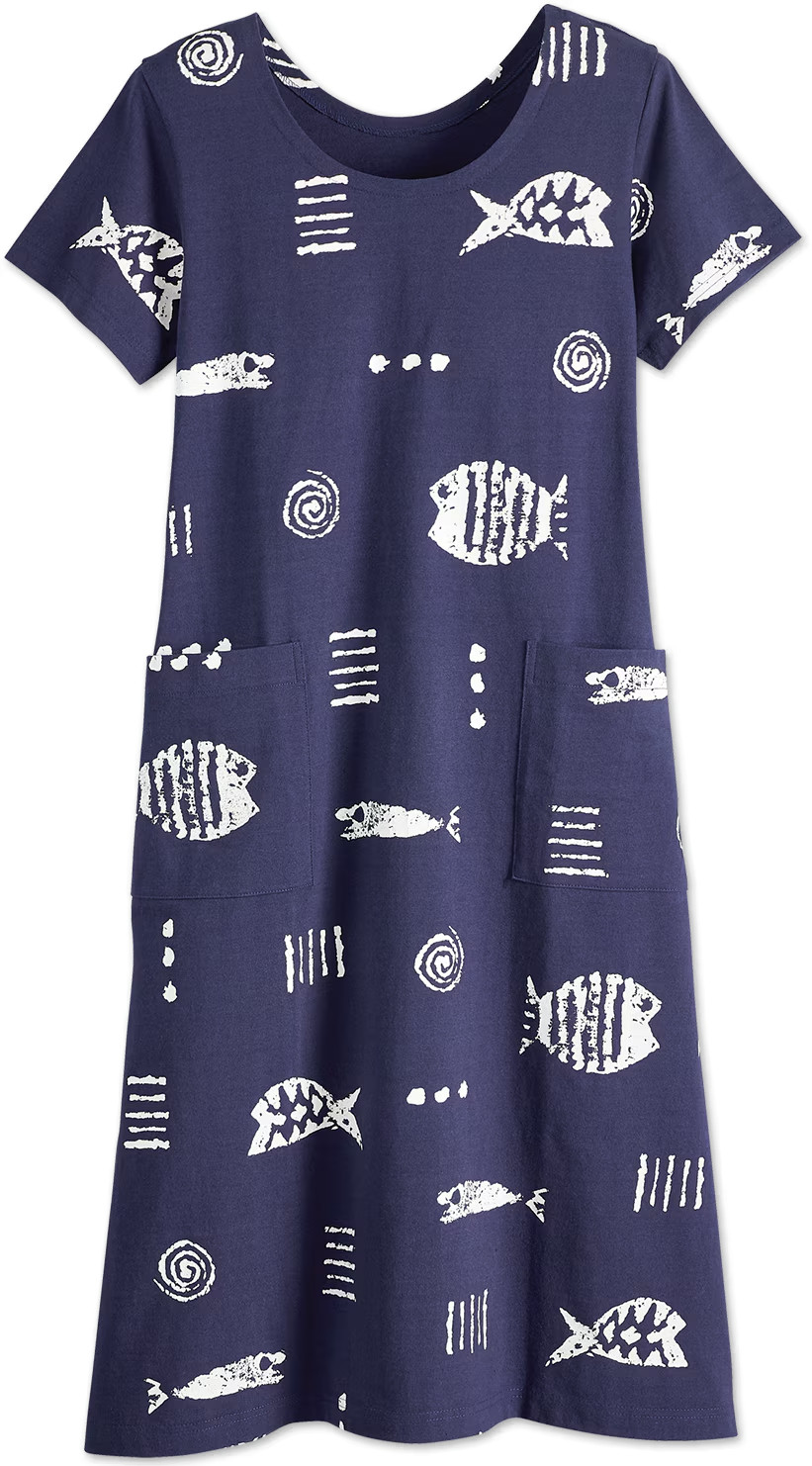 M.MAC Rock Fish Mid-Length Cotton Knit Dress With Pockets, NWT, Navy