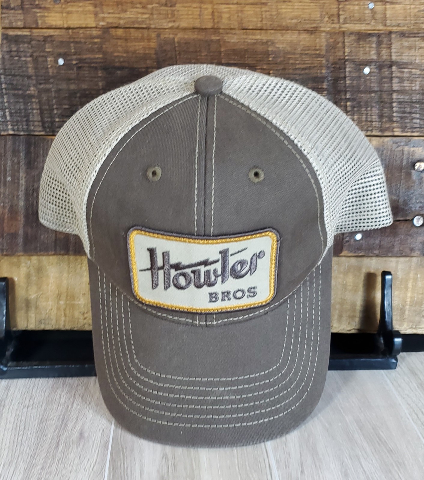 Howler Bros Logo Patch Trucker Snapback Hat Cap Tan Outdoors Fishing Adjustable
