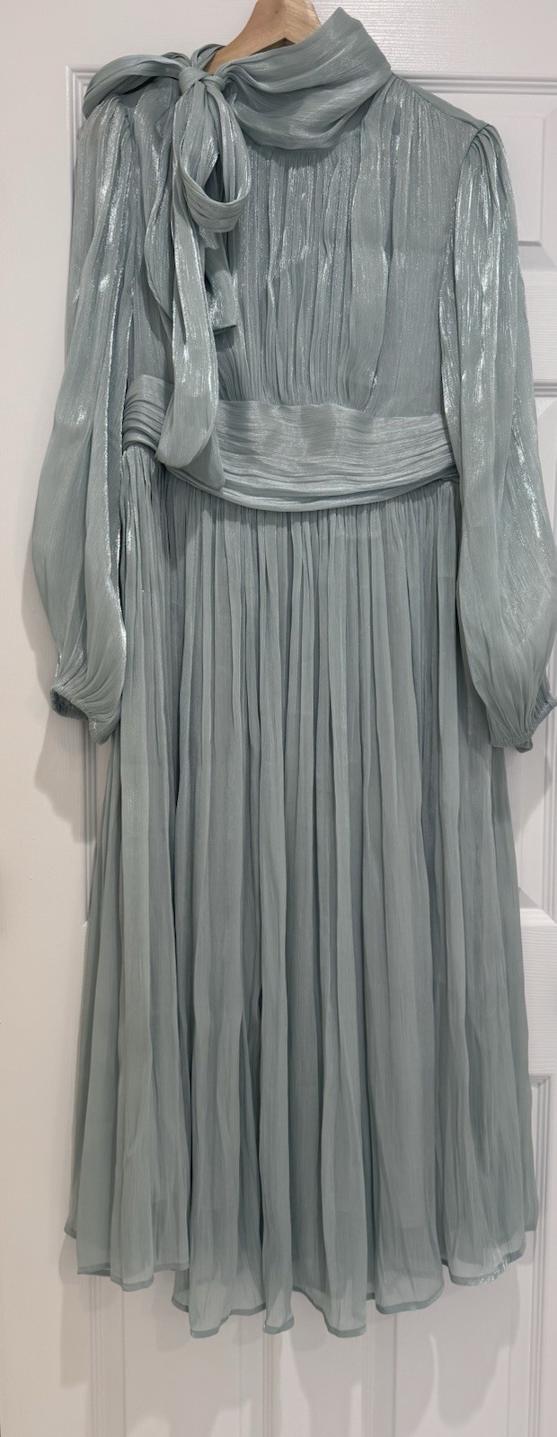 ANEWSTA Sage Green Shimmer Pleated Midi Dress Bow Neck Long Sleeve L