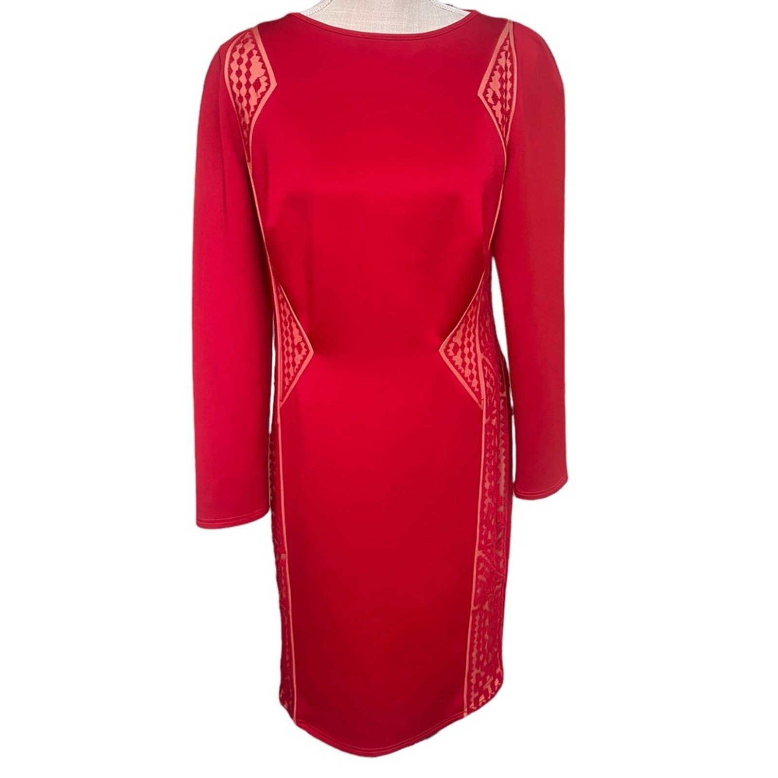 Tadashi Shoji Edie Red Rock Nude Neoprene Embroidered Lace panel Dress L