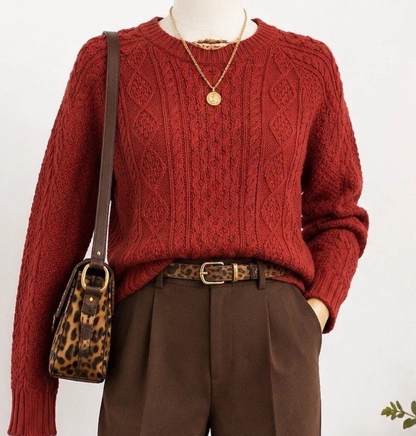 L.L.Bean Signature Fisherman Women’s L Cable Knit Cotton Sweater Rust Crewneck