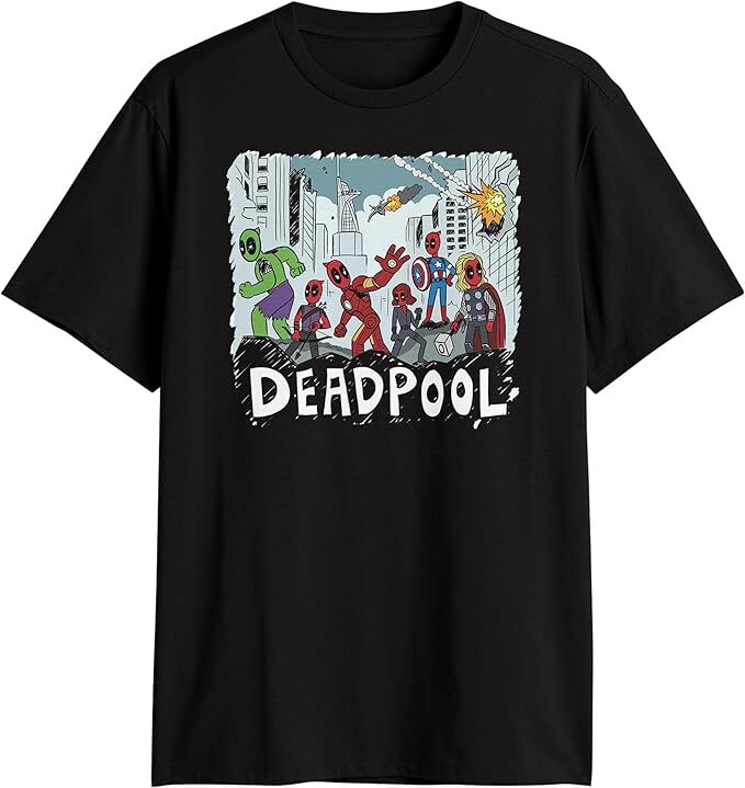 Deadpool Mens T-Shirt – Deadpool is all the Avengers Cartoon Sketch Image
