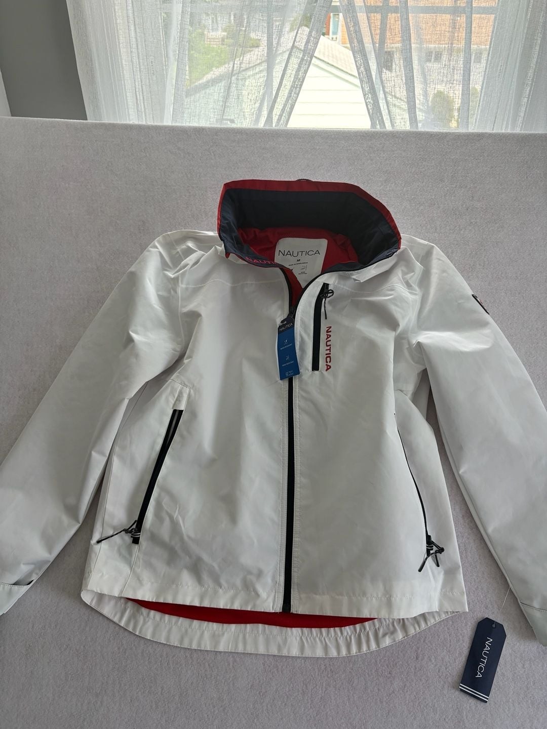 Nautica Full Zip Hidden Hood White Sailing Lined Jacket 208003174 Men Large