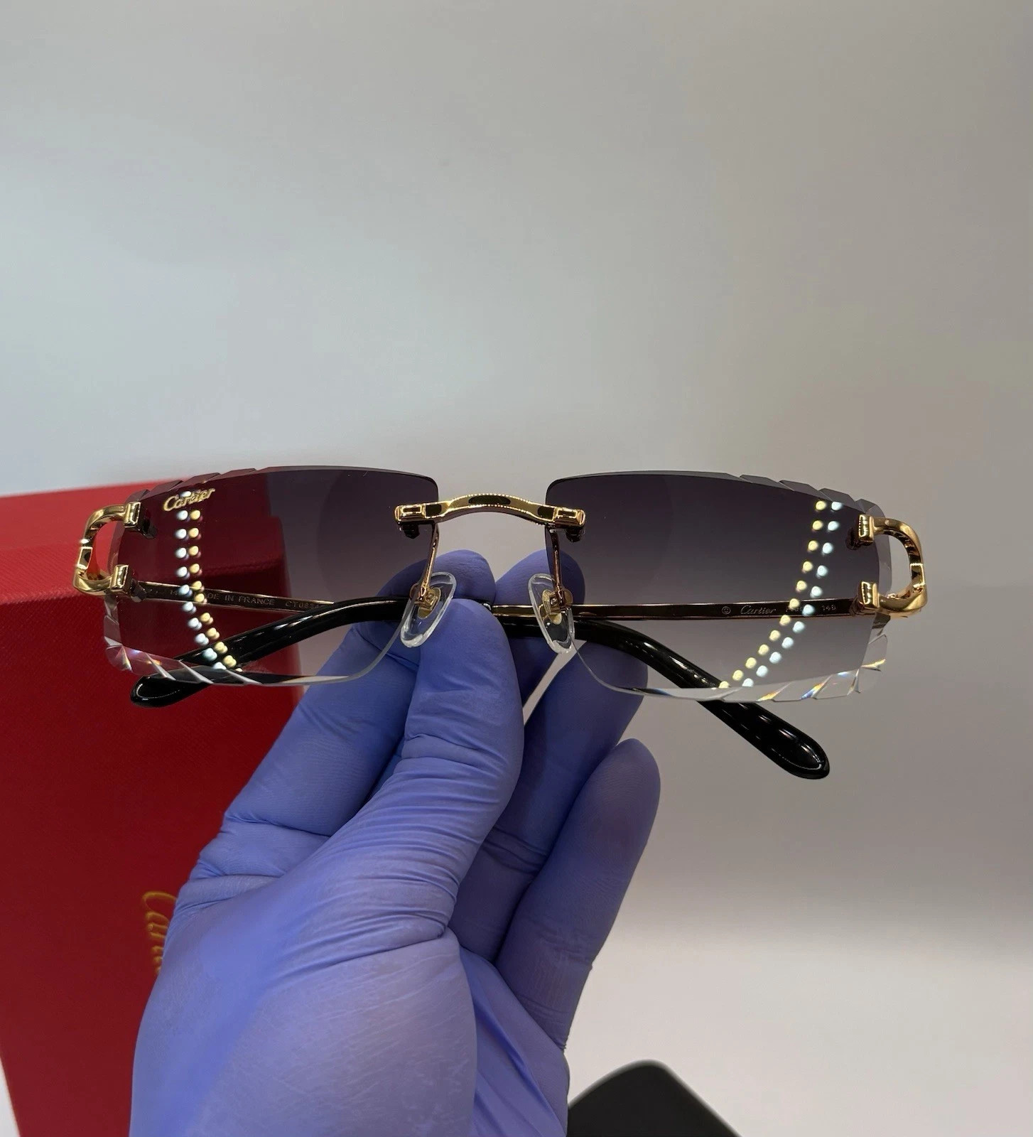 cartier Big C Diamond Cut Frameless BLACK Lens Gold Frame