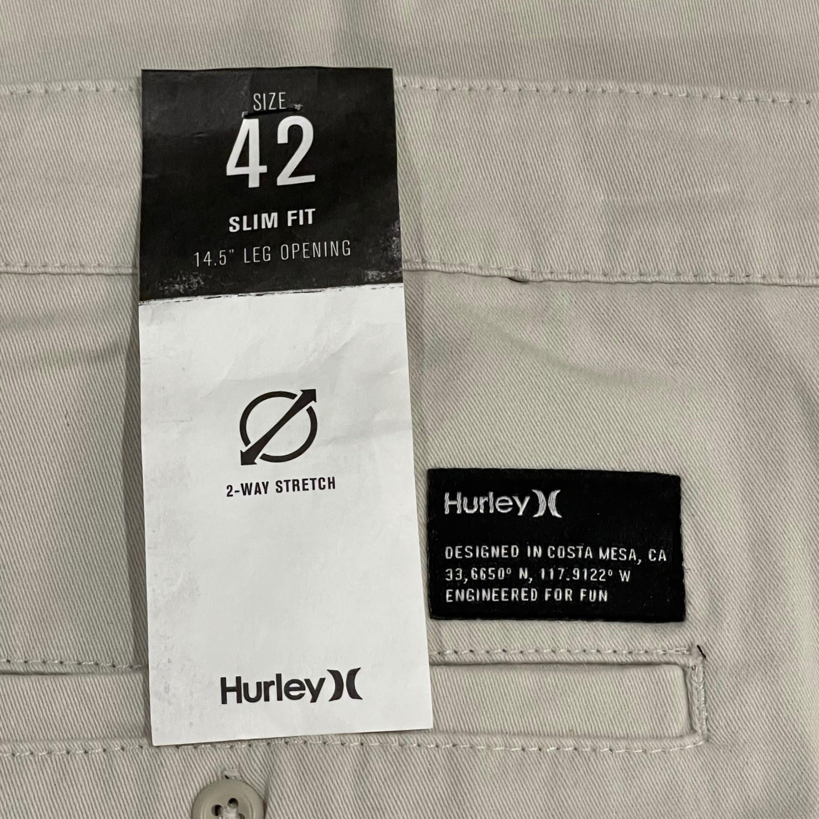 Hurley Worker Icon Pant Size 42 Slim Fit 2-Way Stretch Casual