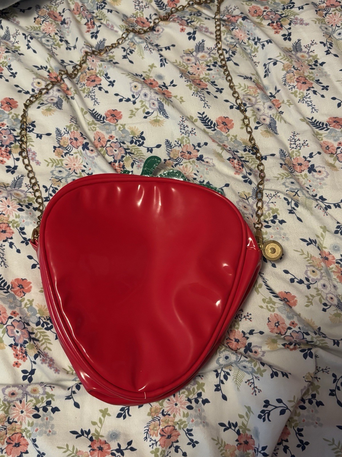 Strawberry Fruit Red Patent Crossbody Bag Zip Closure Gold Chain Strap Small