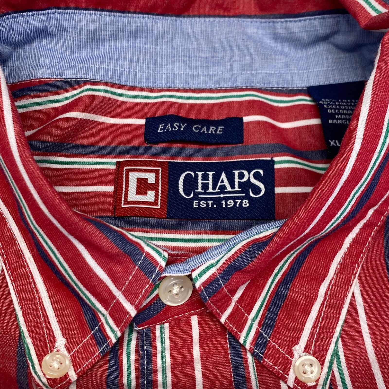 Chaps Men’s Easy Care Button Down Long Sleeve Cotton Blend Red Stripe Shirt XL