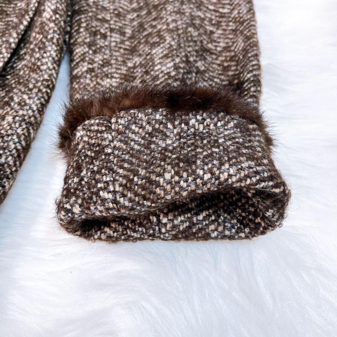 Max Mara mink fur coat, wool, brown tweed, size L