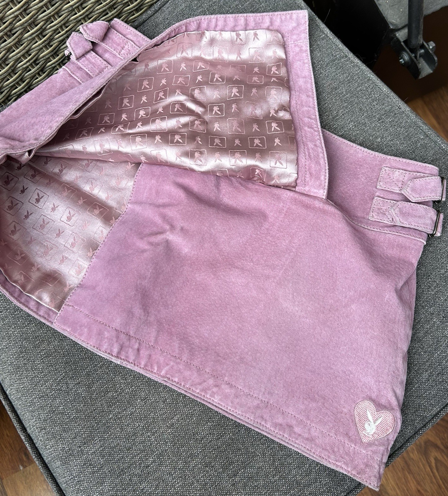 Vintage Playboy Pink Suede Bunny Head Logo Mini Wrap Skirt Buckled Detail Sz 10